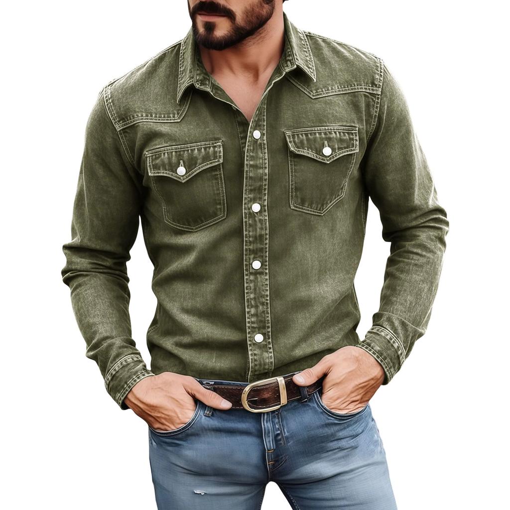 Men's Color Casual Loose Button-Down Collar Faux Pocket Long-Sleeved Shirt