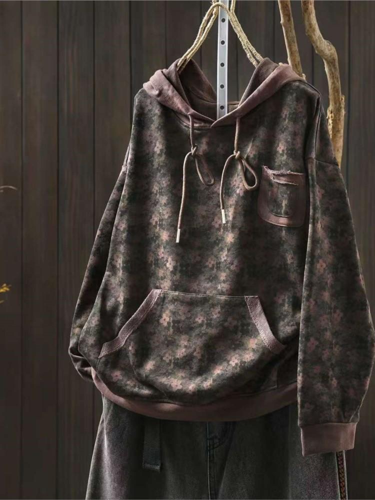 Johnature Women Vintage Print Floral Hooded Sweaters Pullover Pockets Autumn Casual Terry Long Sleeve Female Sweaters