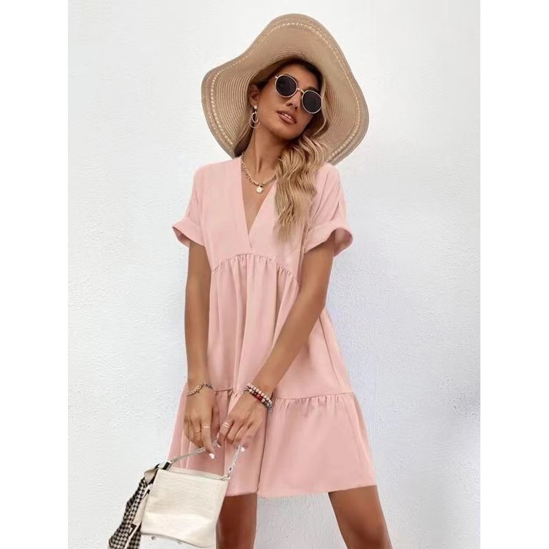 

European and American Fresh Sweet V-neck Solid Big Hemline Casual Dress V-Neck Short Sleeved Dress Pink S
