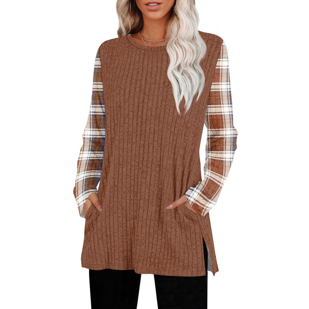 Women's Striped Printed Round-neck Long-sleeved Top With Pockets And Side Slits