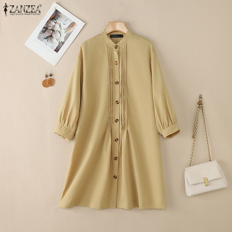 ZANZEA Women Casual Round Neck Solid Color Loose 3/4 Sleeve Shirt Dress