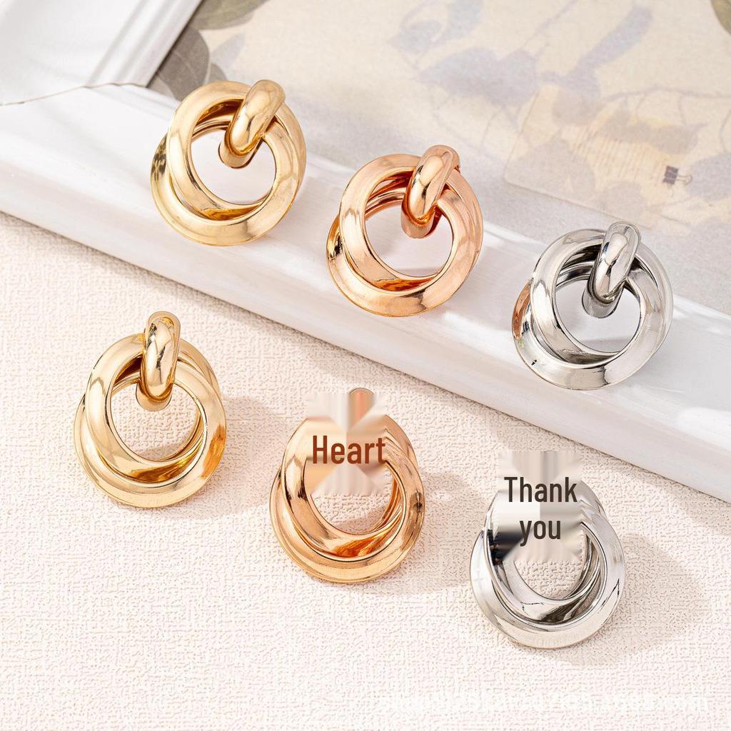 Geometric Double Ring Metal Texture Earrings - European & American Style