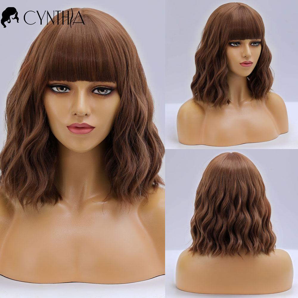 Ombre Blonde Short Bob Synthetic Wig For Women With Bangs White Gold Body Wave Cosplay Lolita Natural Heat Resistant Hair