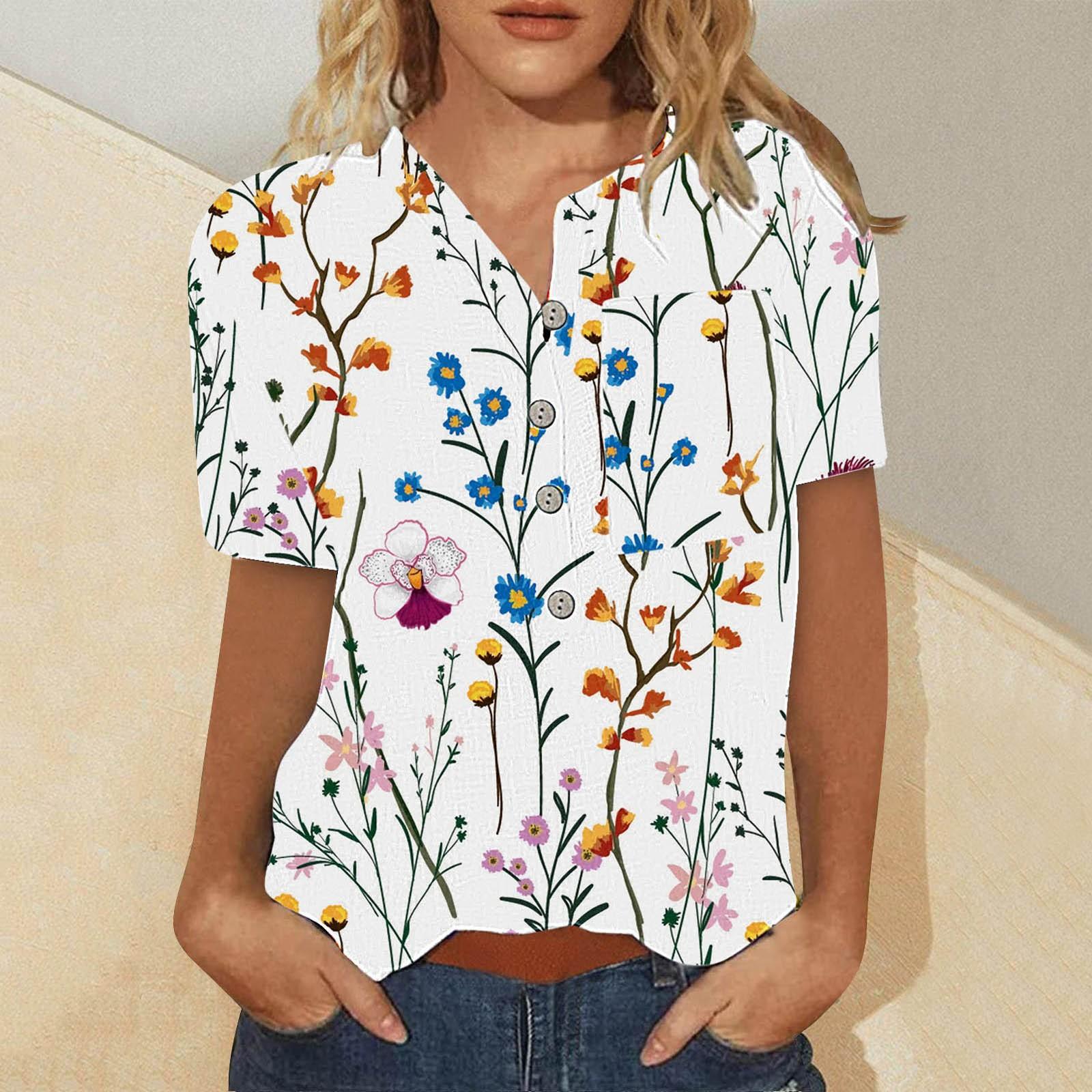 

Women s Summer Casual Fashion Cotton Linen Printed Women s Short Sleeve Shirt Tops M жовтий