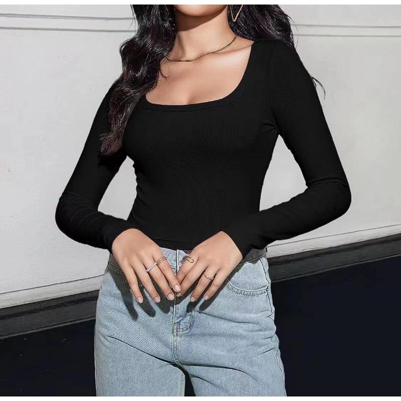 Womens Square Neck Ribbed Knit Long Sleeve Crop Top Casual Solid Color Fitted Blouse