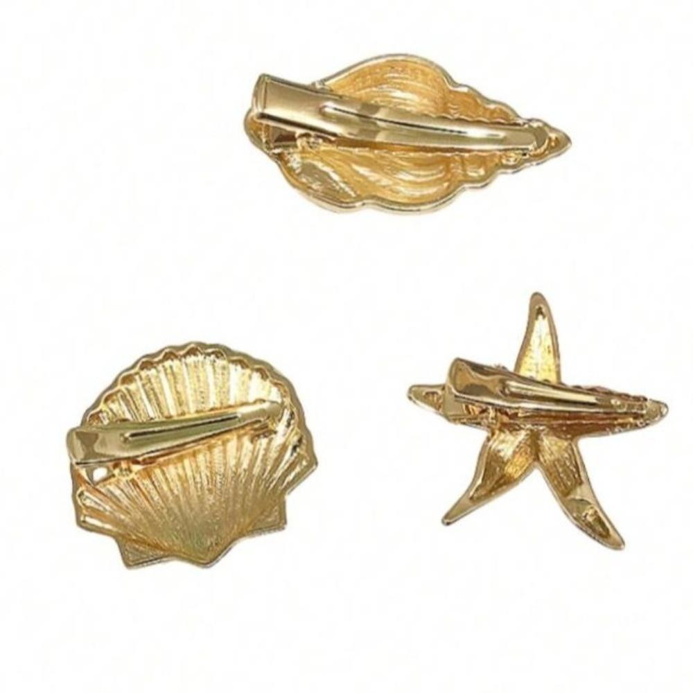 Golden Color Starfish Hair Clip Gold Color Scallop Shape Duckbill Hair Clip Elastic Design Conch Hair Clip Vacation Style