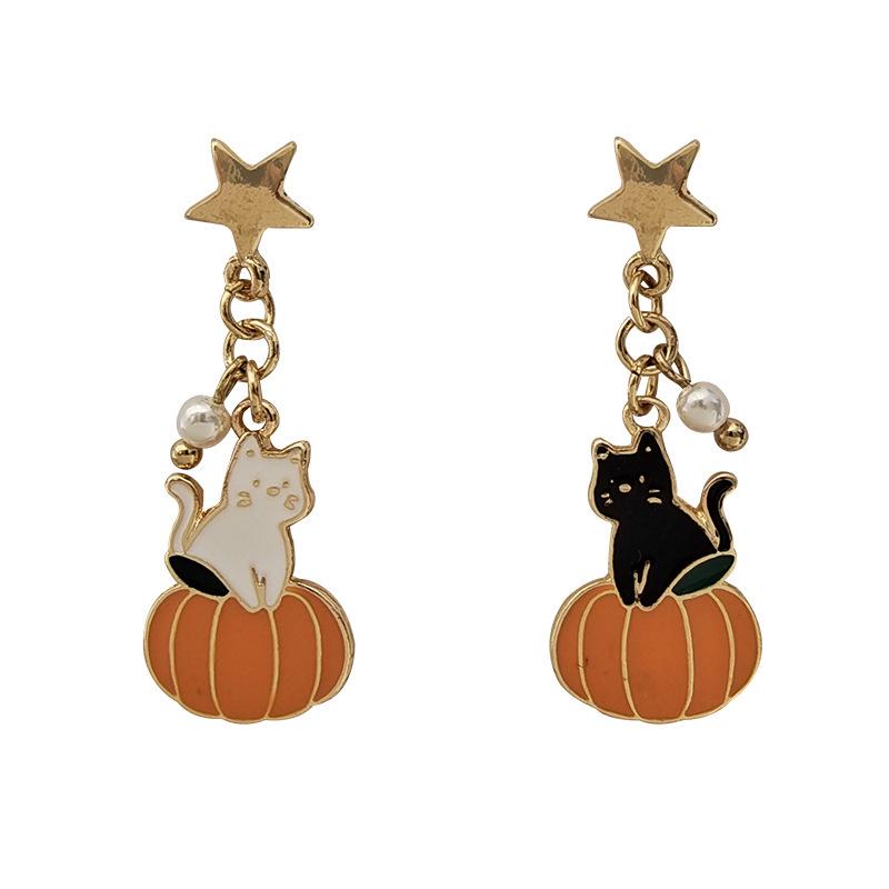 Color Block Cat Pumpkin Earrings, S925 Sterling Silver Needle Studs
