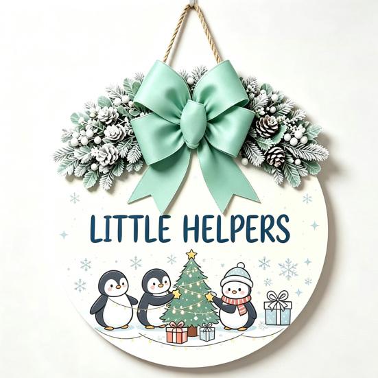 Decorative Pine Cone Sign Christmas Wooden Welcome for Front Door, Round Hanging Ornament with Solid Wood Plate Artificial Branches & Bow Decor