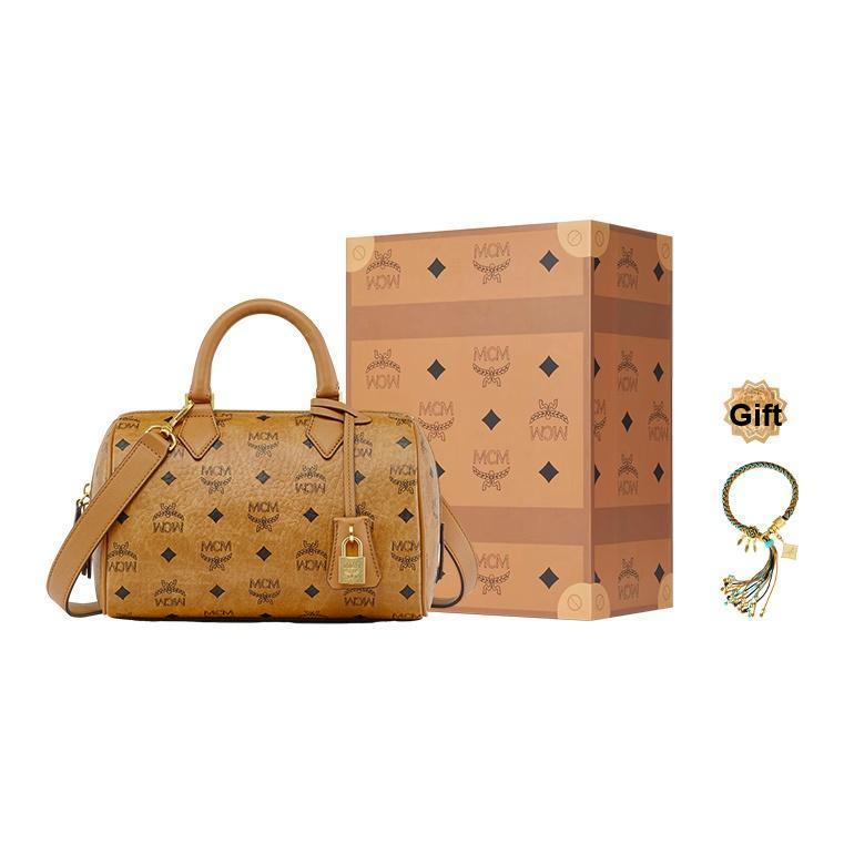 MCM Ella Monogrammed Gold Lock Pendant Zipper Closure Canvas With Leather Boston Bag Crossbody Handbag Small Women handbags Cognac MWBESEA02CO001