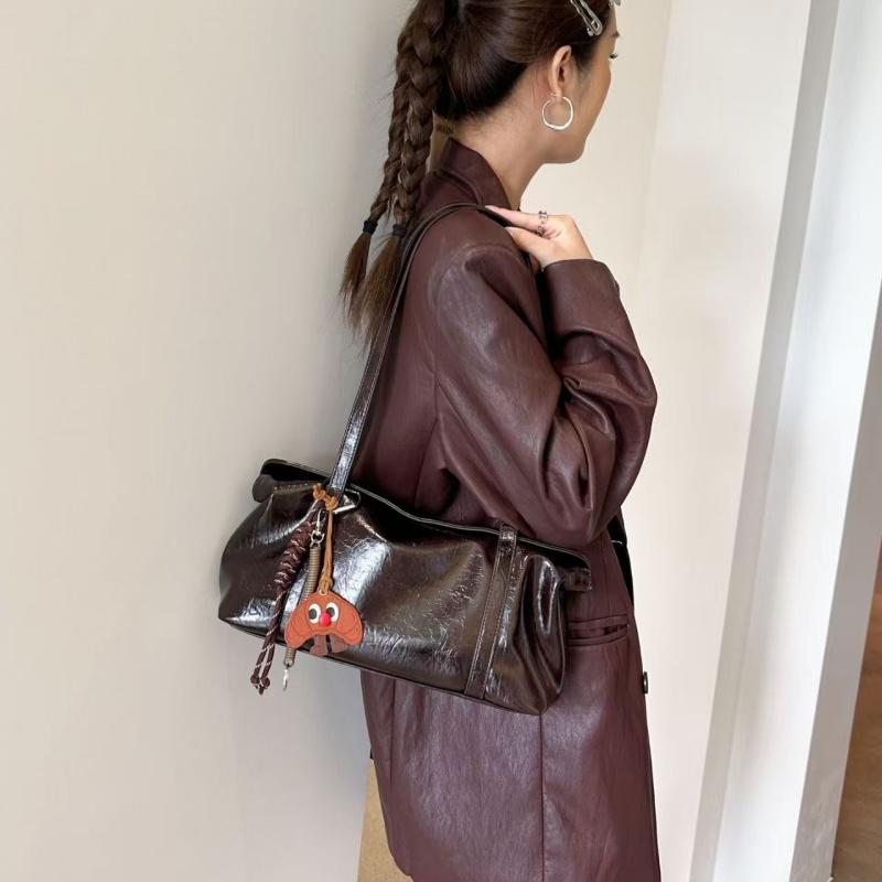 Leather Retro Women s Bag - Waxed Leather Large Capacity Underarm Bag Soft and Versatile Single-Shoulder Style кофейный