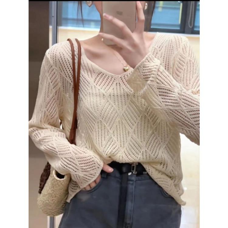 Spring and Summer Women's Hollow V-neck Knitted Shirt Long Sleeved Loose Slimming Cover Shirt for Women