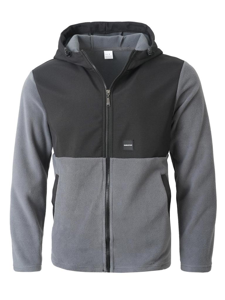 European Color Block Casual Letter Fleece Hooded Sweatshirt Jacket