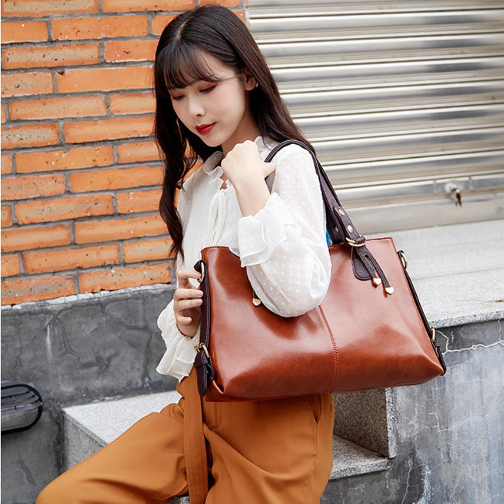 Retro Minimalist Atmosphere Large-Capacity Wide Shoulder Strap Solid Color Tote Bag Ladies' Fashion Multi-Layered Wax Oil Leather
