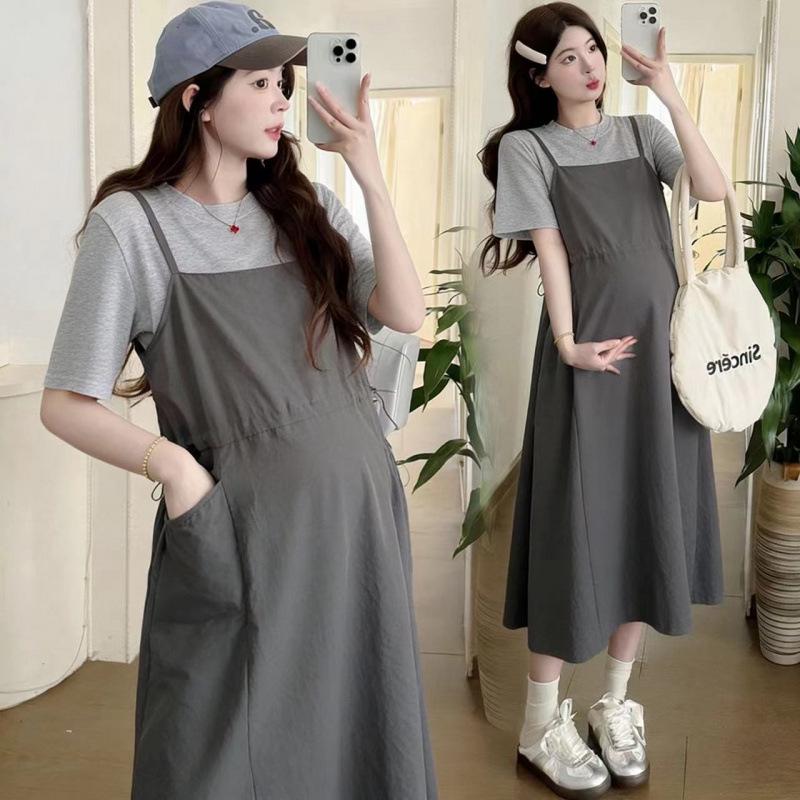 Maternity Summer Set: Waist-Cinching Vest Dress + Round Neck Short-Sleeved Top