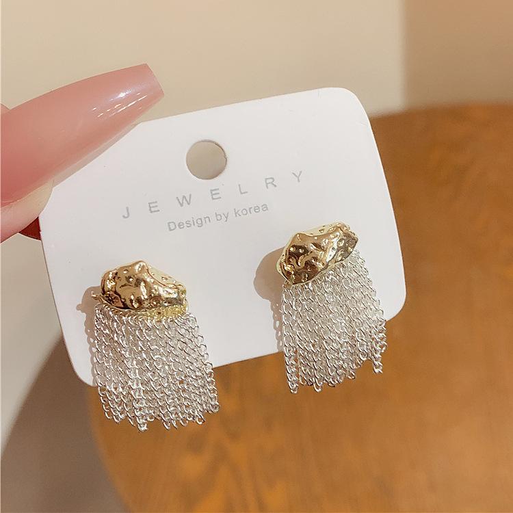 Silver needle metal block fringed earrings, personalized versatile temperament earrings, earrings. 925 silver needle