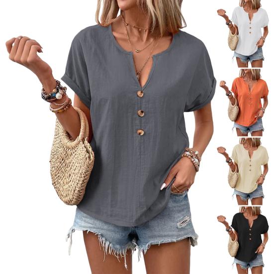 Women Shirt V-Neck Buttons Decor Short Sleeve Loose Fit Shirt Solid Color Casual Summer Tee Shirt Daily Wear