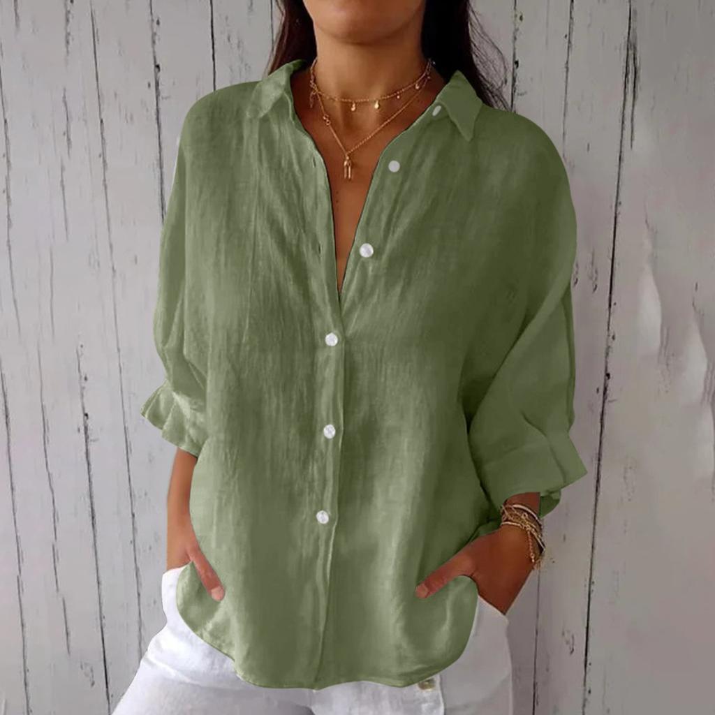 Women's Fashion Solid Color 3/4 Sleeve Casual Lapel Back Lace Shirt Top