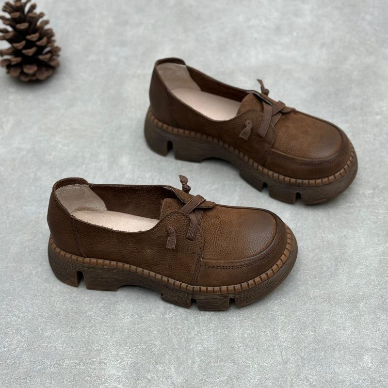 

Натуральна шкіра з лицьового шару корови, ретро, на товстій підошві, м яка підошва, одинарні туфлі, весняно-осінні повсякденні туфлі, коров яча шкіра, жіноче взуття 39 кавовий