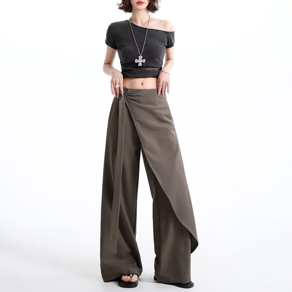 Women's Brown-Gray Wide-Leg Pants with Flowing Ribbons, 2026 New Style, Slimming, Good Drape, Casual Straight-Leg Suit Pants.