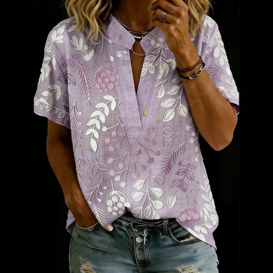 Women Shirt V-Neck Short Sleeve Loose Fit Pullover Tops 3D Printed Pattern Summer Casual Blouse Daily Wear