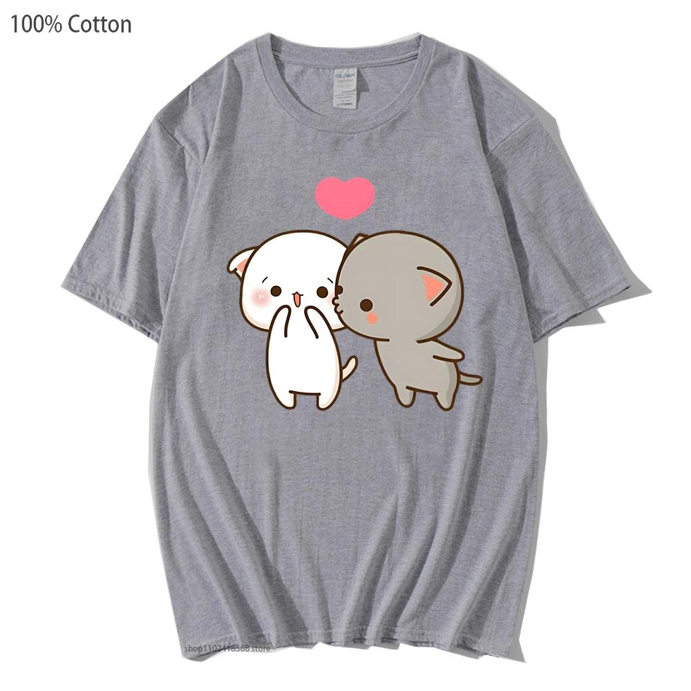 Peach and Goma Mochi Cat shirt Womens Cartoon Print Clothing Kawaii Boba tshirt 100% cotton tees soft Girls Cute clothes