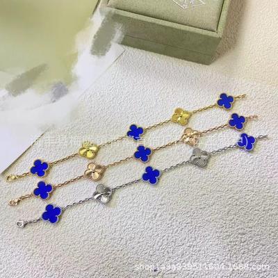 Lucky Clover Blue Agate Bracelet, Laser-Etched Four-Leaf Clover, 18K Plated, High-End Versatile Design