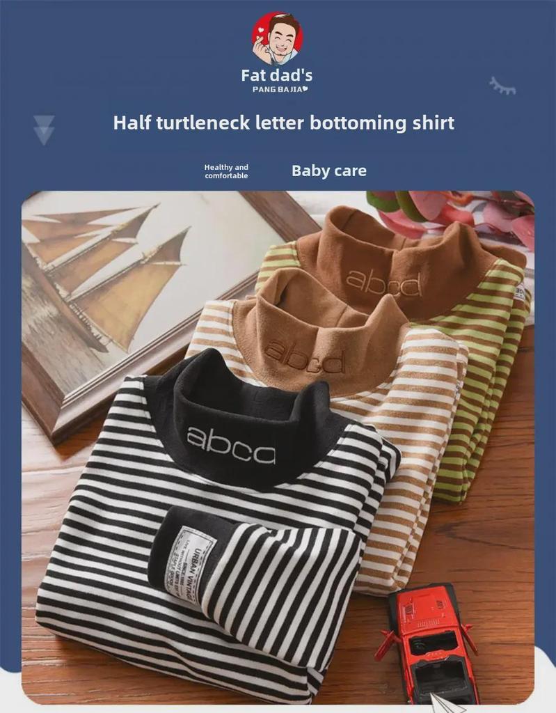 2023 Boys' Half Turtleneck Striped Tops: Warm and Stylish Autumn/Winter Shirts for Kids