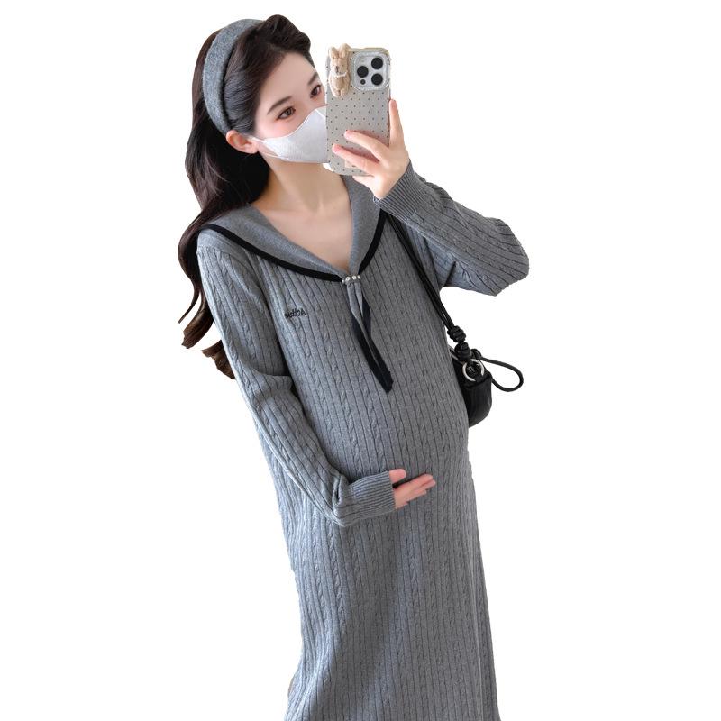 Navy Collar Plus Size Korean Style Knit Maternity Dress