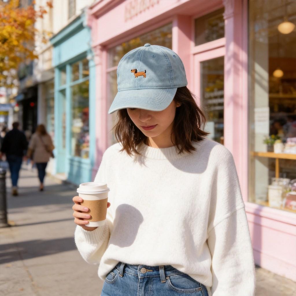 Cute Dog Embroidered Denim Baseball Cap With Wide Brim For Casual Wear