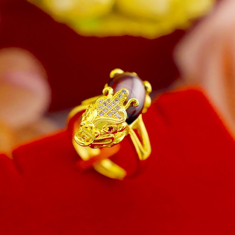 Vietnamese Gold-Plated Brass Jewelry Set with Red Corundum Gemstone: Pixiu Ring, Bracelet, and Necklace.