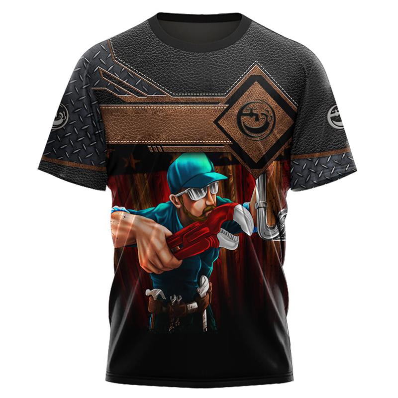 

3D Print Funny T Shirt for Men Plumber Uniform Summer Casual O-neck Short Sleeve Tops Fashion Mechanic Clothes T-shirt S
