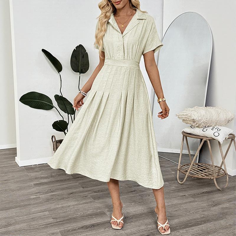 JKASHDK Women's Fashion Summer Spring Solid Color Print Short Sleeve V-Neck High Waist Casual Dresses