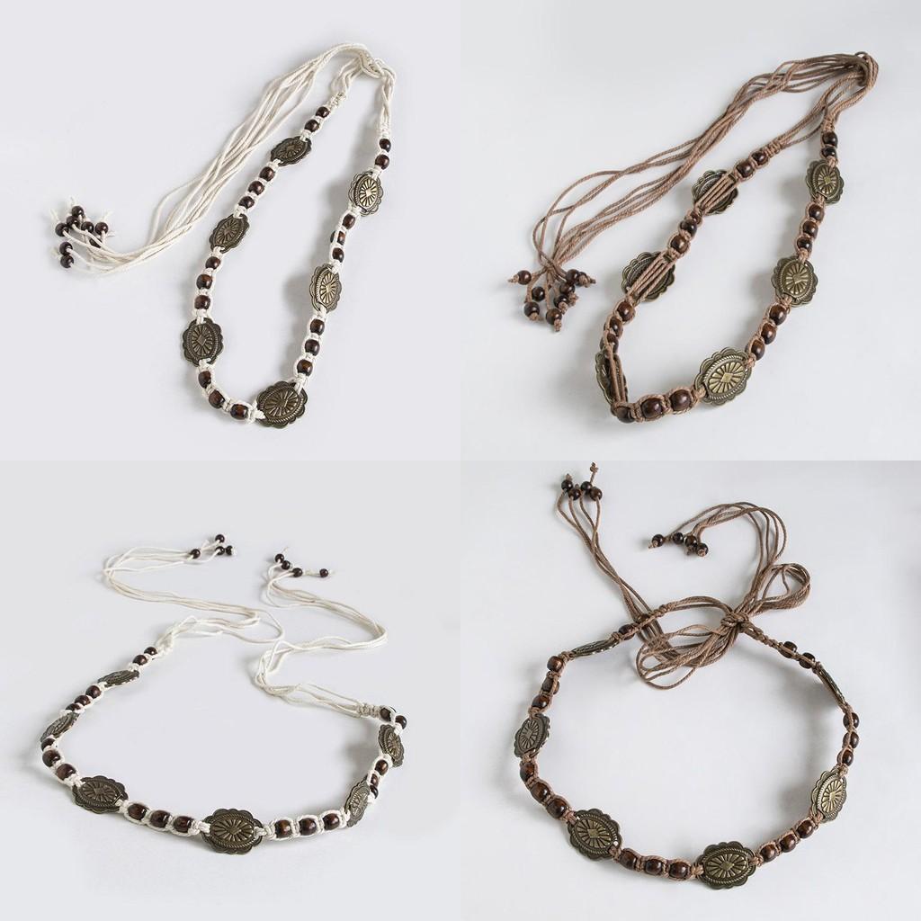 Bohemian Style Metal And Wooden Bead Decor Women Woven Belt For Casual Summer Vacation