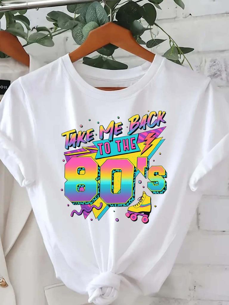 Europäische Größe Back to the 80s, Vintage StilGrafikdruck T-Shirt, Kurzarm Rundhals Lässiges Oberteil für Sommer Frühling, Damenbekleidung