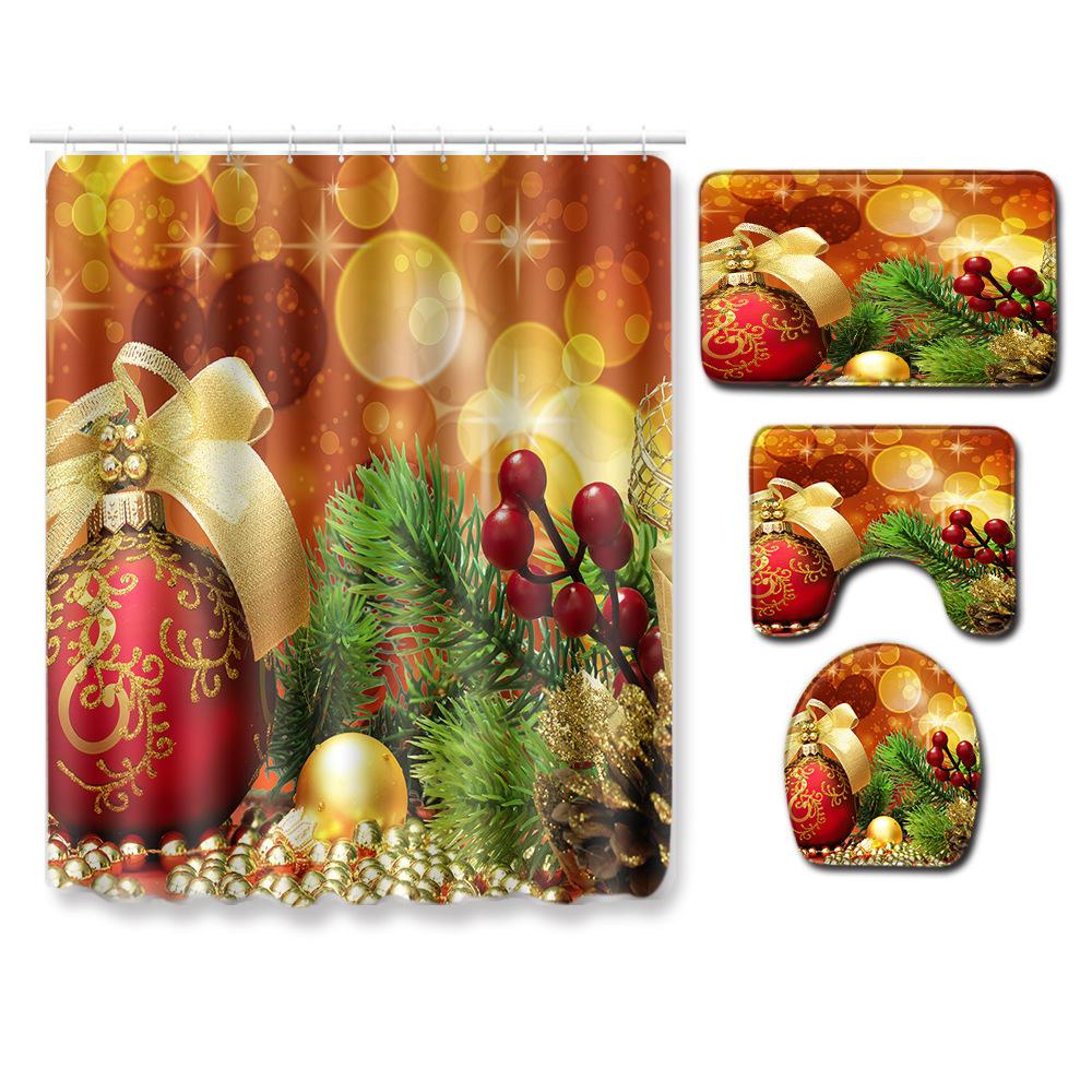 Christmas Shower Curtain Floor Mat Combination Four-Piece Set Bathroom Toilet Carpet Shower Room Mat Foot Mat