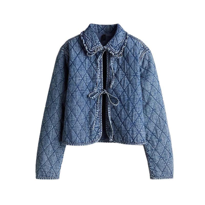 Summer New Arrival Women's Cotton Slim Fit Short Frill Collar Long Sleeves Quilted Denim Outwear 1264176