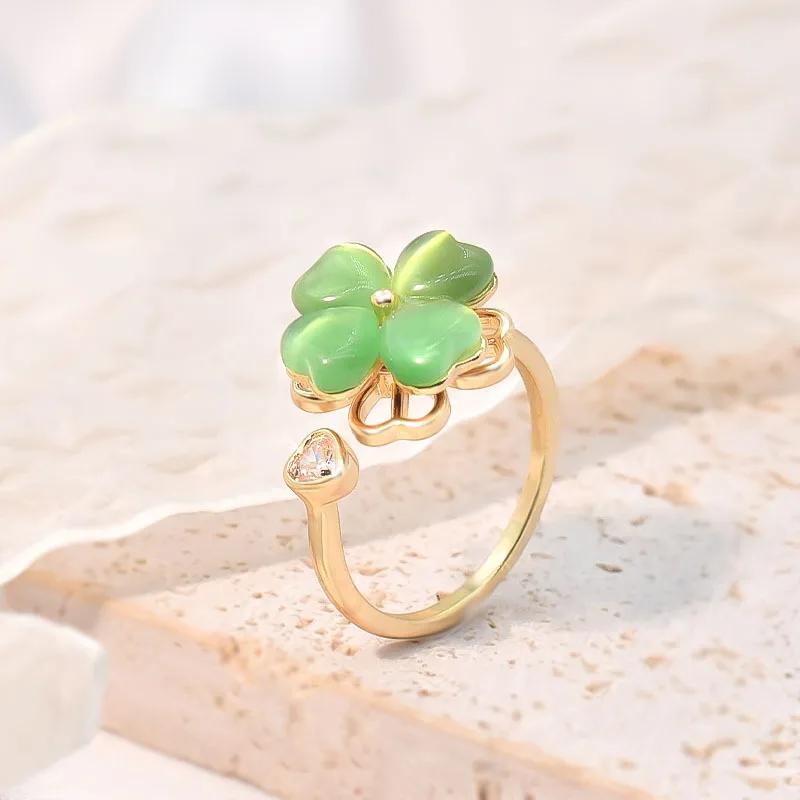 Luxury Purple Four Leaf Crystal Flower Adjustable Rings for Women Exquisite Gold Color Stainless Steel Finger Jewelry Colorfast