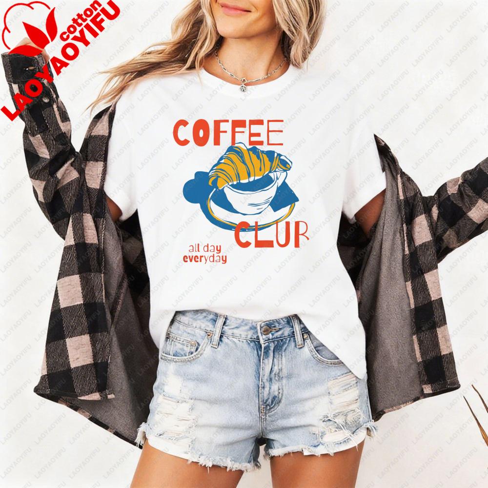 

Coffee Club All Day Everyday Women TShirt Fashion Top for Coffee Lovers Gift Idea Casual Summer Short Sleeve Cotton T Shirt S