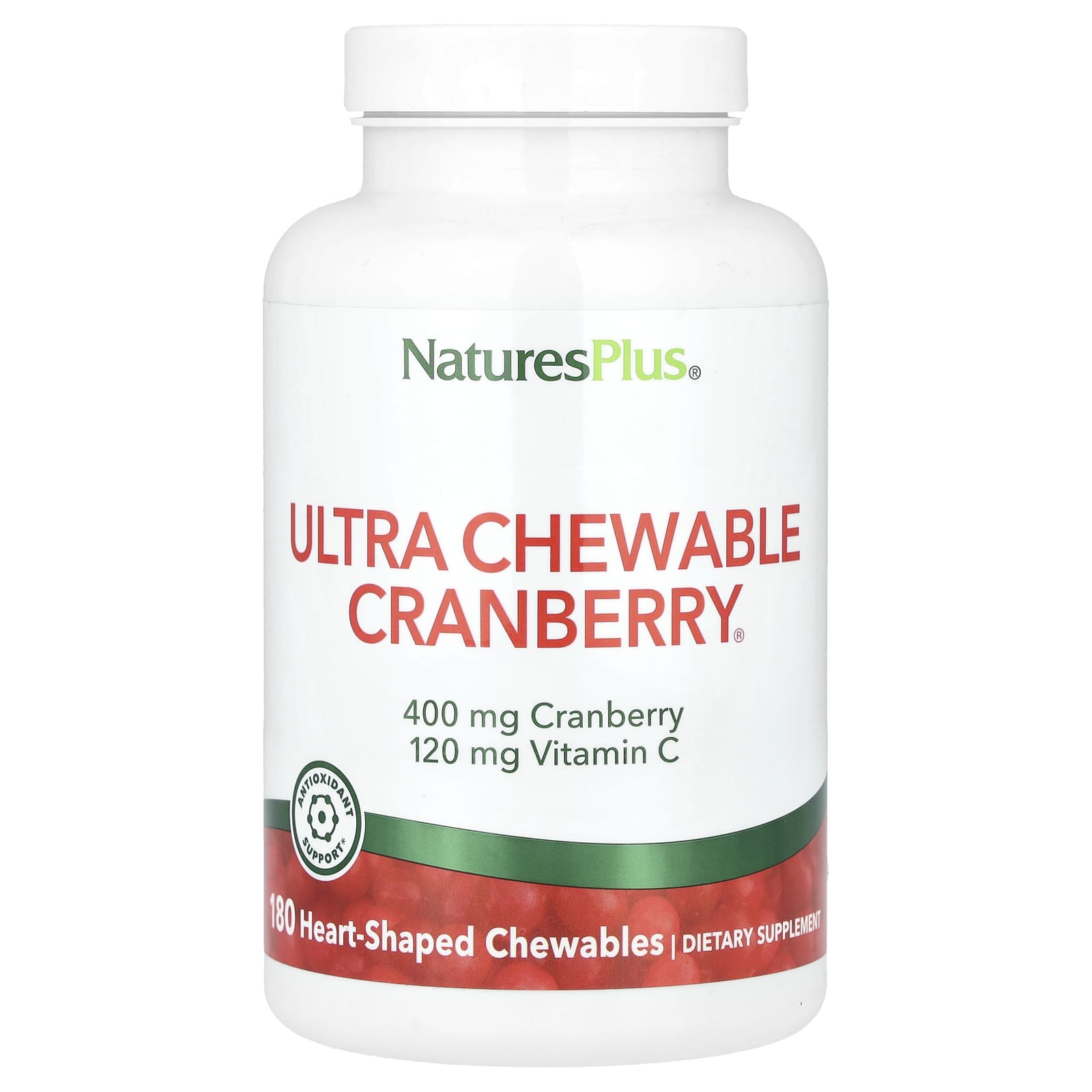 

NaturesPlus, Ultra Chewable Cranberry®, 180 жувальних таблеток у формі серця