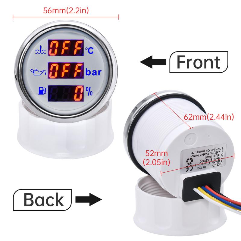 3 In 1 Multi-function Car Boat Fuel Level Gauge Water Temperature Gauge Oil Pressure Voltage with Alarm& Backlight Indicator