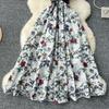 French Vintage Print Lapel Dress Women's Short Sleeve Floral Print High Waist Belt Office Lady Maxi Clothing Female