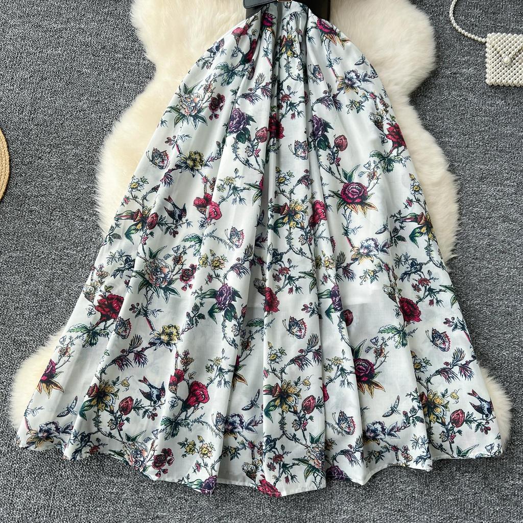 French Vintage Print Lapel Dress Women's Short Sleeve Floral Print High Waist Belt Office Lady Maxi Clothing Female