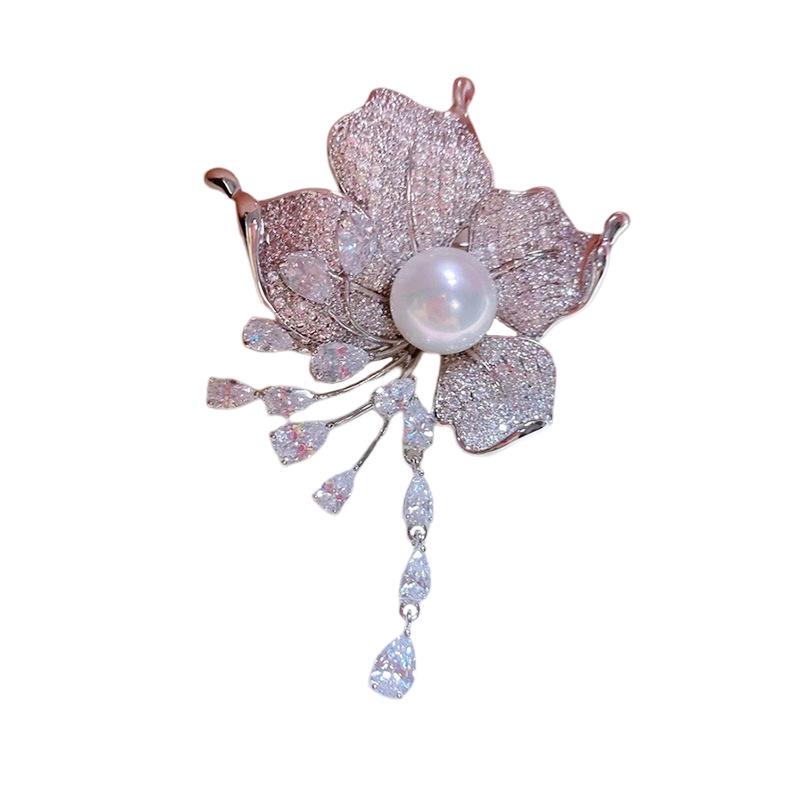Gold-Plated Copper Pearl & Zircon Flower Tassel Brooch with Empty Setting
