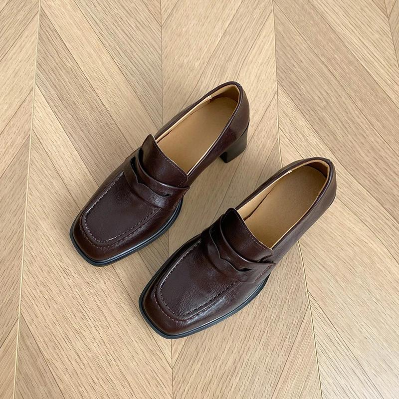 

Женские лоферы в стиле колледжа с квадратным носком, модные, неглубокие, слипоны, элегантные, на толстом каблуке, для работы 35 коричневый