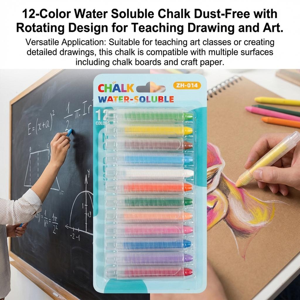 12 Colors Water Soluble Dustless Chalk Rotating Design with Pen Case Anti-Stain for Teaching Drawing Doodling Art Painting