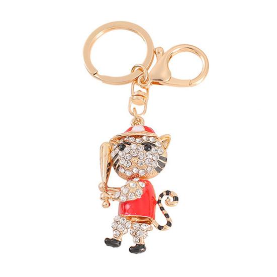 Alloy Tiger Keychain Rhinestone Colorful Enamel 3D Tiger Charm with Keyring Baseball Player Tiger Keychain Gift for Teens Baseball Lovers