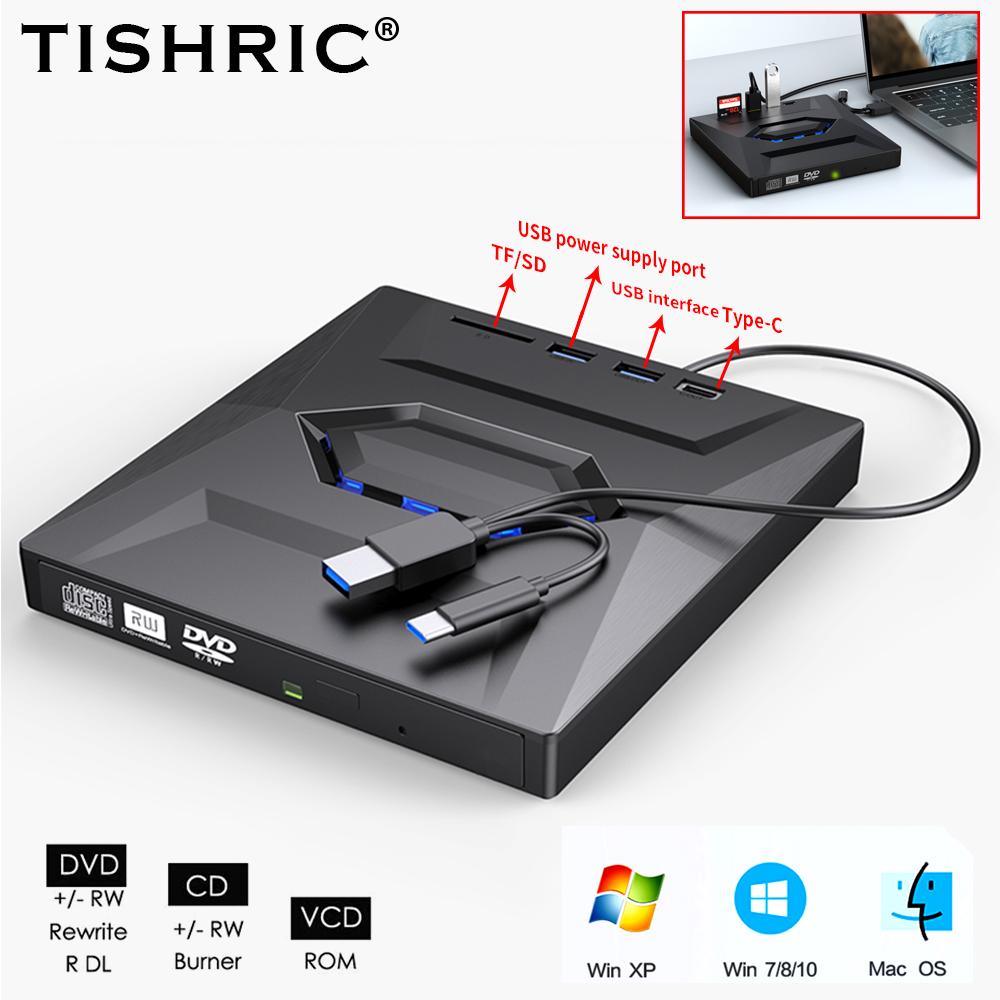 

Внешний привод TISHRIC USB 2,0/3,0 Type C, оптический привод CD DVD RW, записывающее устройство DVD с USB-портом, слотами для карт SD/TF для ноутбука, ноутбука
