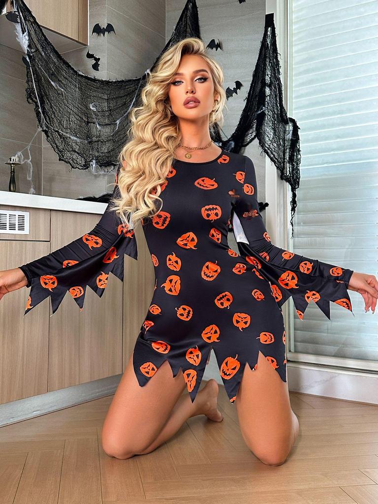 Rochie Sexy Cosplay de Halloween cu Imprimeu Dovleac Întunecat