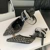 Fashion Elegant Bling Rhinestone Mesh Design Pumps Women Fashion Pointed Toe Ankle Strap Buckle Thin Heel Sandal Luxury Dress Brand Shoe