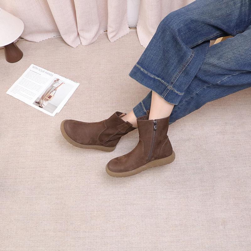 Johnature Versatile Solid Color Short Boots Retro Genuine Leather Round Toe Flat Women's Shoes